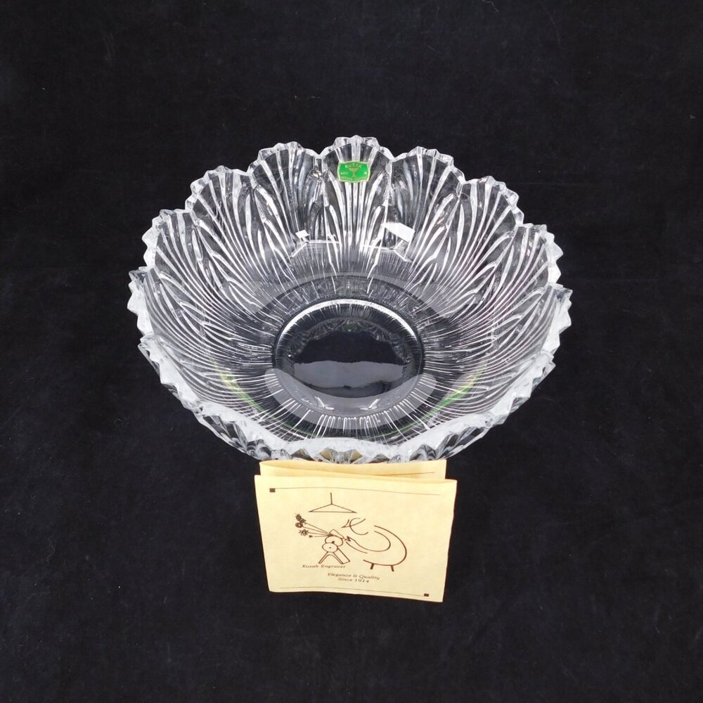 Kusak Cut German Crystal Glass Works Bowl 8" wide Scalloped Edge Leaf Vintage